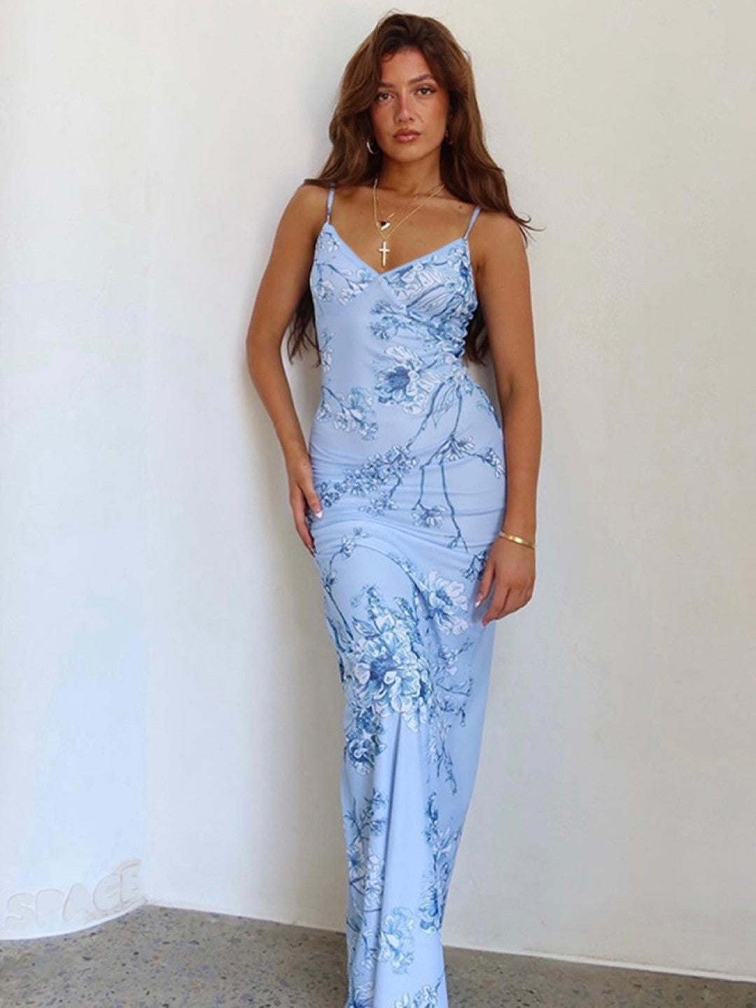 Blue Shoulder Straps Floral Bodycon Sleeveless Polyester Dress