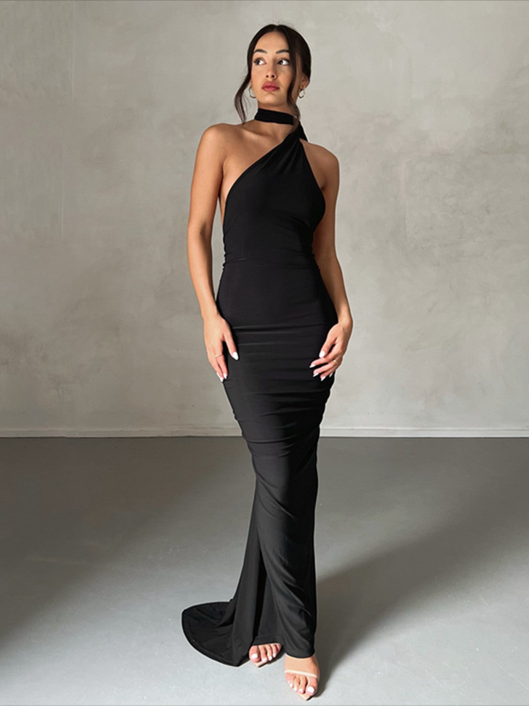 Black One Shoulder Solid Bodycon Sleeveless Polyester Dress