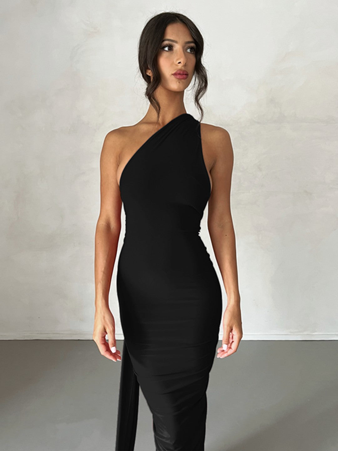 Black One Shoulder Solid Bodycon Sleeveless Polyester Dress