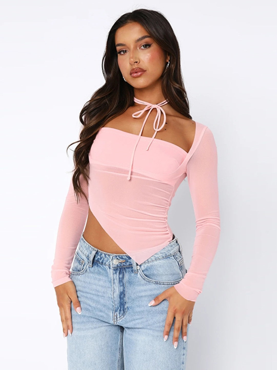 Pink Square Neck Solid Long Sleeves Polyester Casual Top