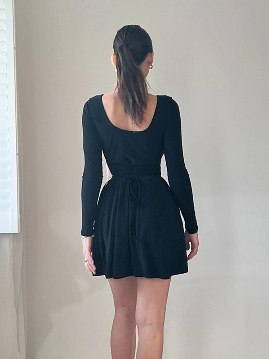 Black Round Neck Solid A-Line Long Sleeves Polyester Dress