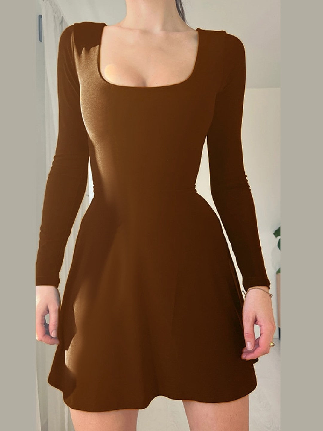 Brown Round Neck Solid A-Line Long Sleeves Polyester Dress