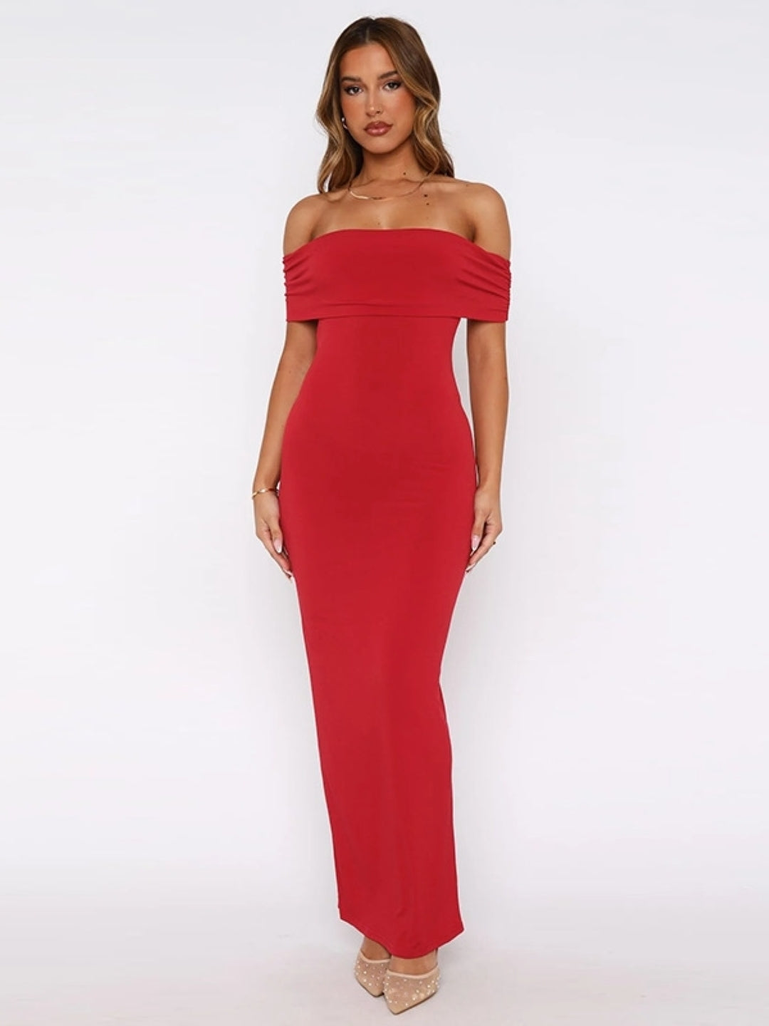 Off-Shoulder Bodycon Maxi Dress - Red