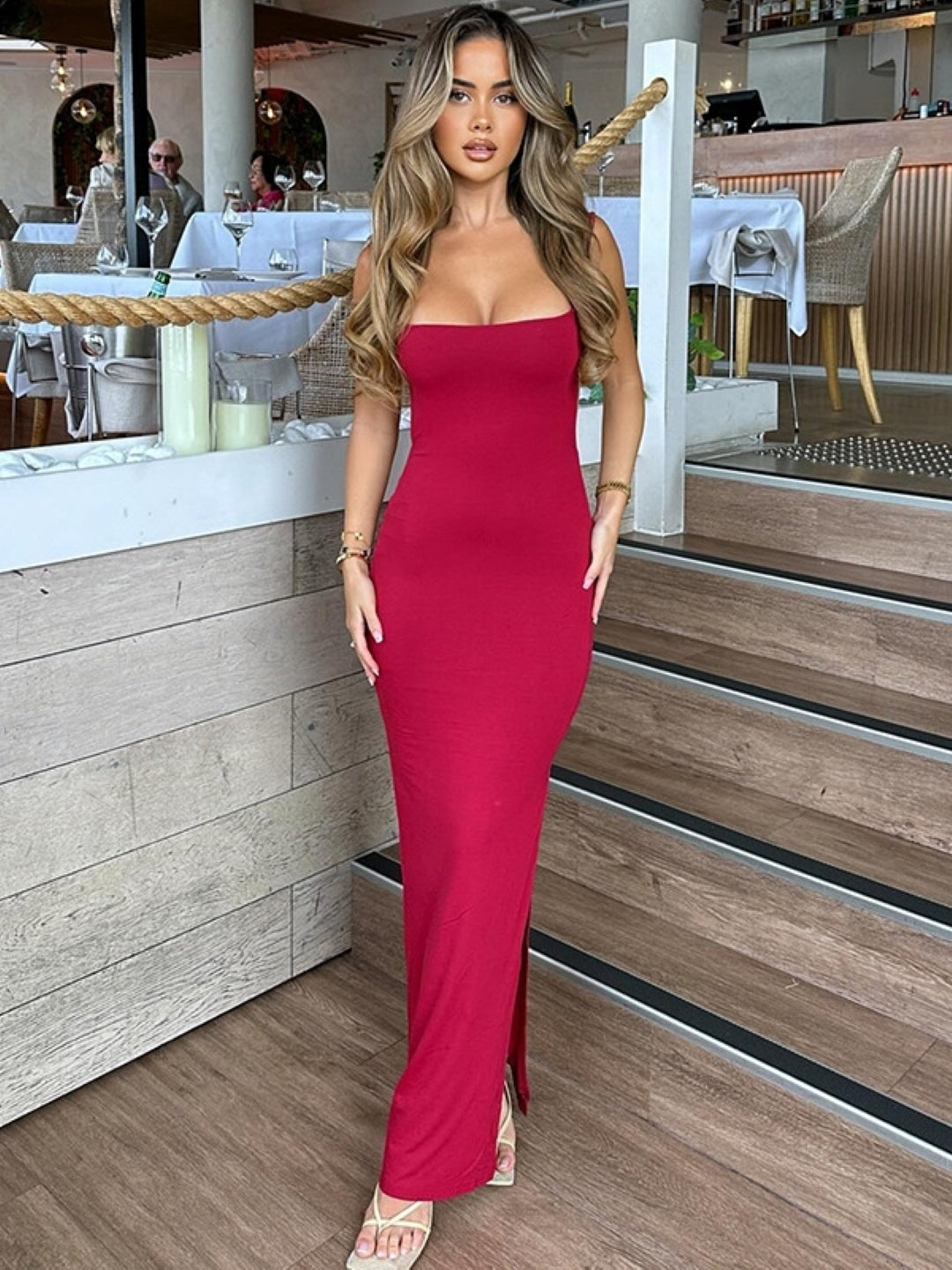 Square Neck Sleeveless Maxi Dress - Rose Pink