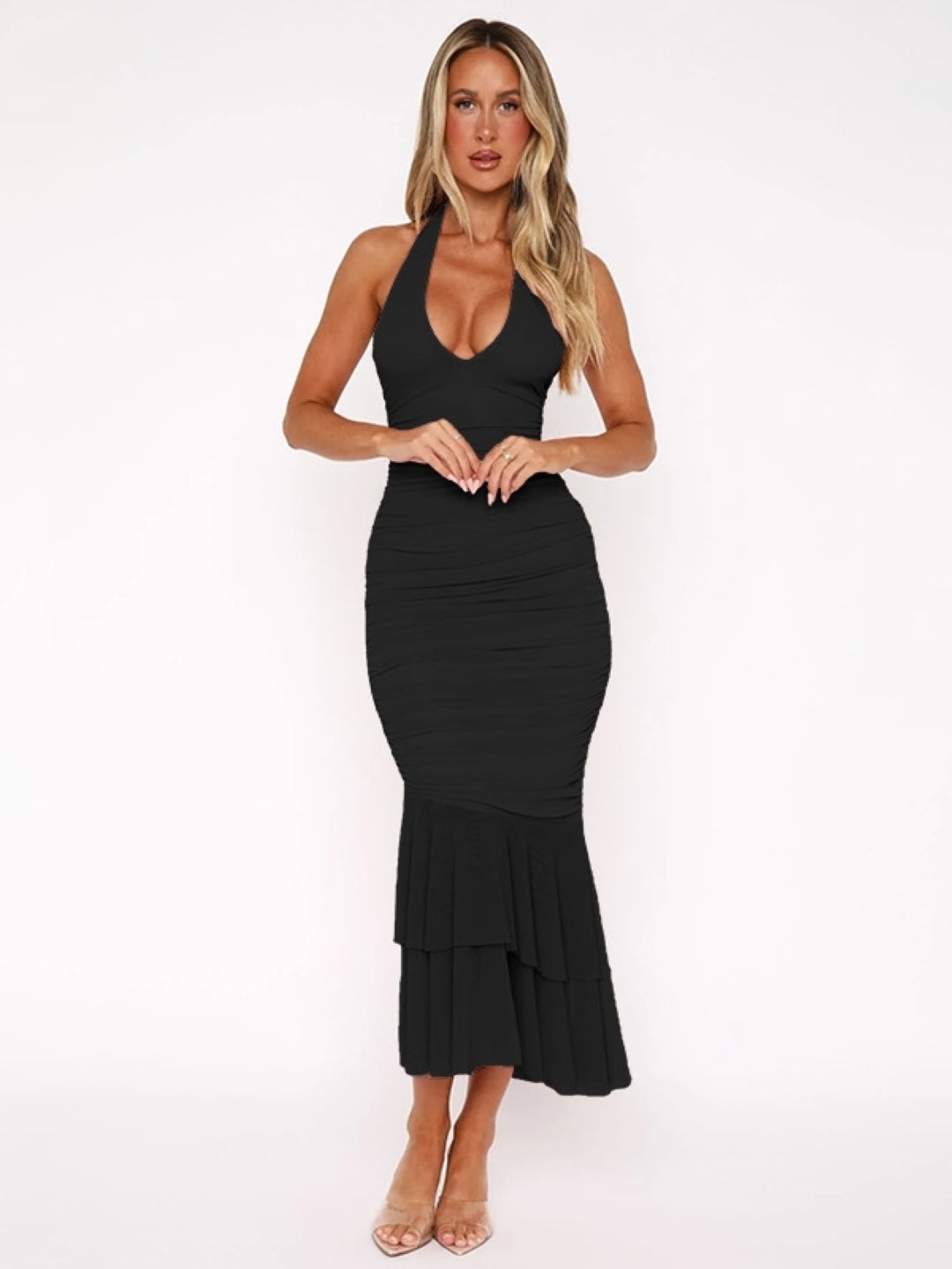 Elegant Black Mermaid Midi Dress with Halter Neck