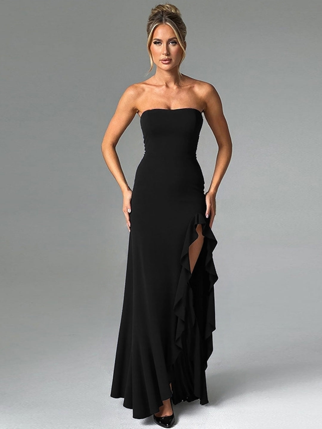 Elegant Black Strapless Ruffle Gown