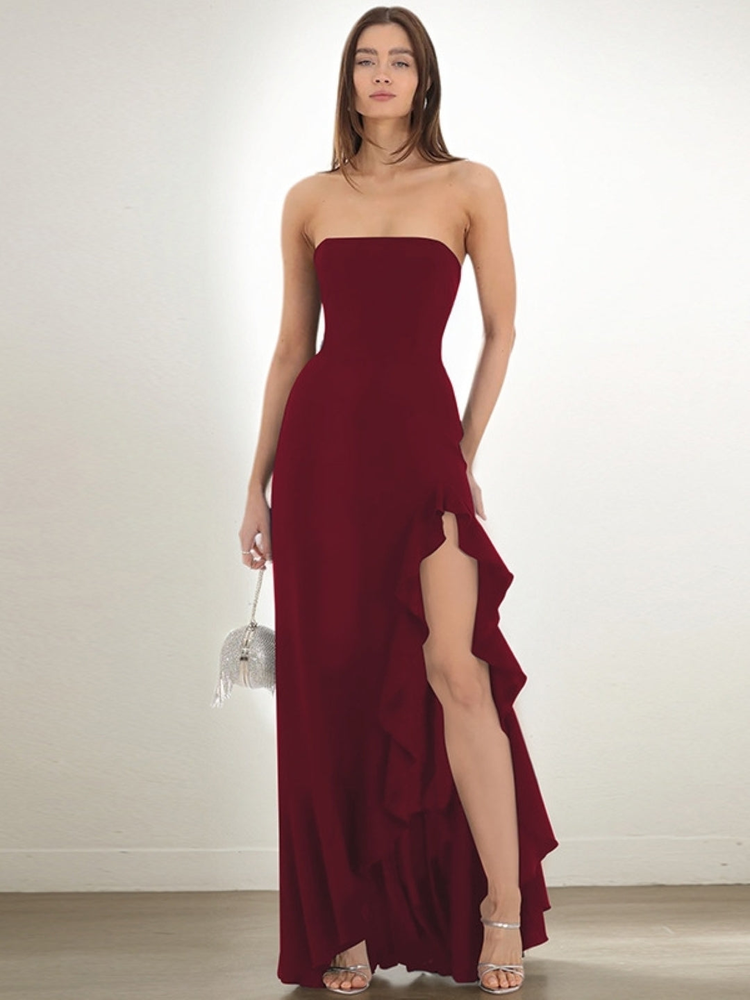 Strapless Burgundy Ruffle Evening Gown