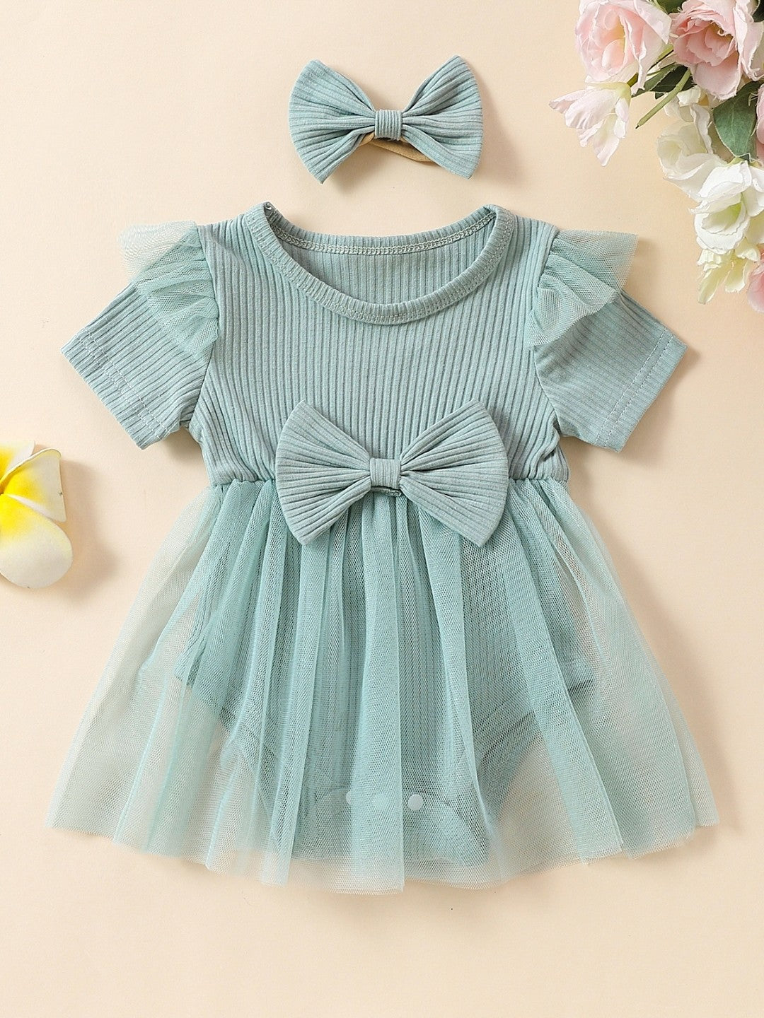 Green A-Line Round Neck Solid Short Sleeves Cotton Dress