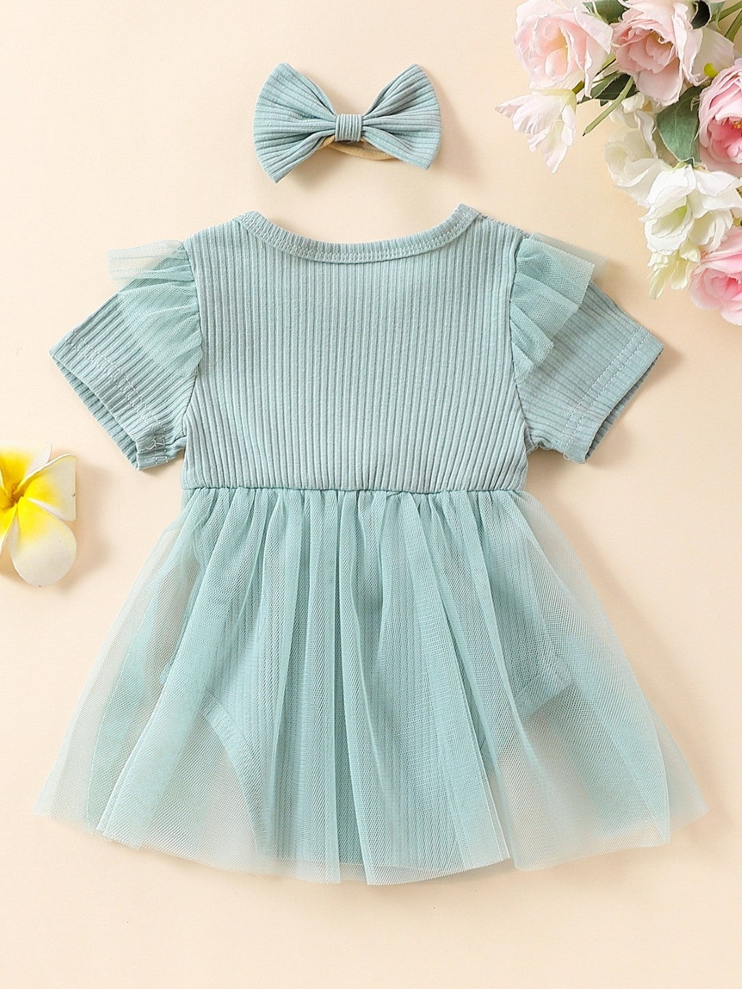 Green A-Line Round Neck Solid Short Sleeves Cotton Dress