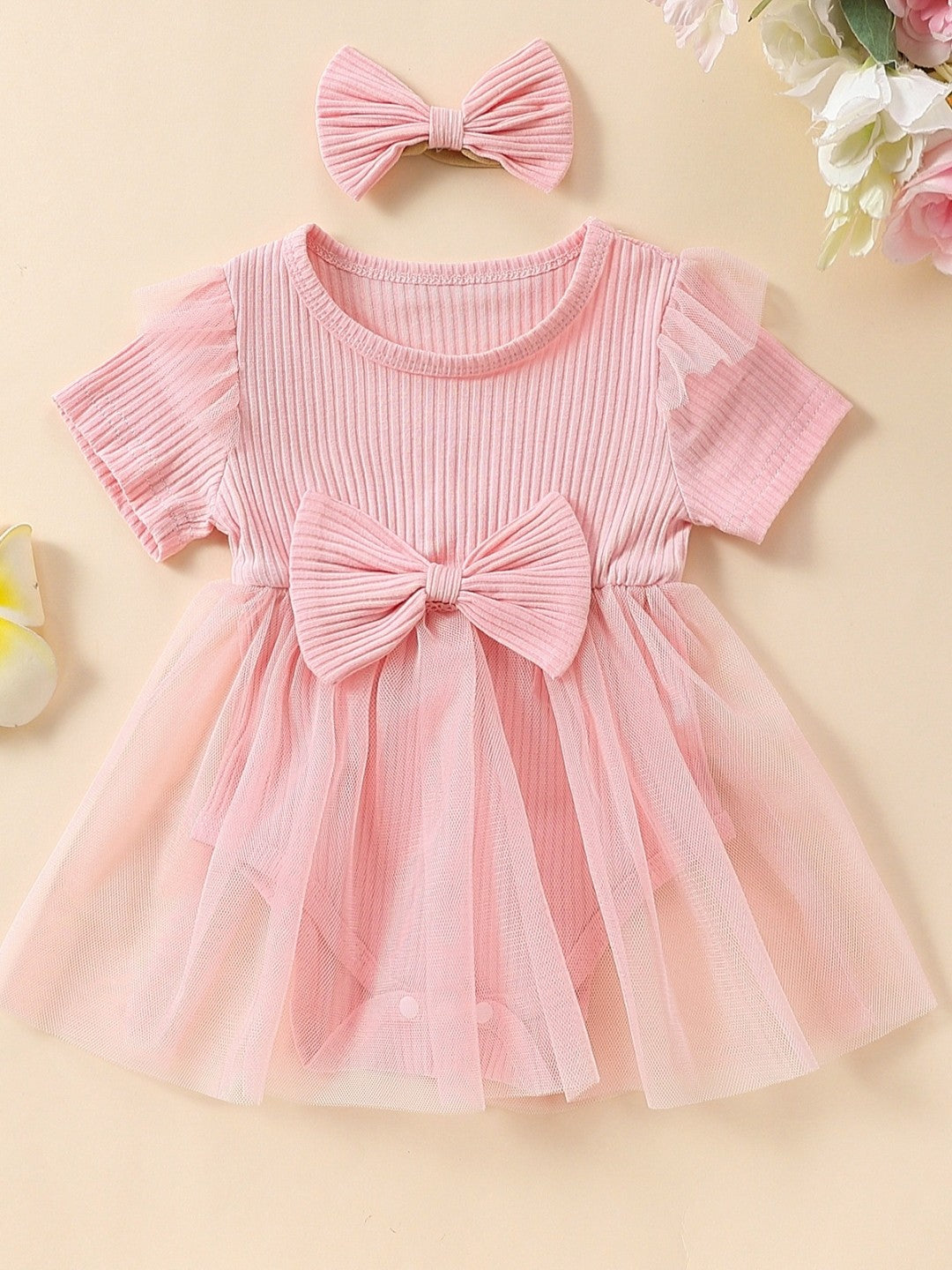 Pink A-Line Round Neck Solid Short Sleeves Cotton Dress