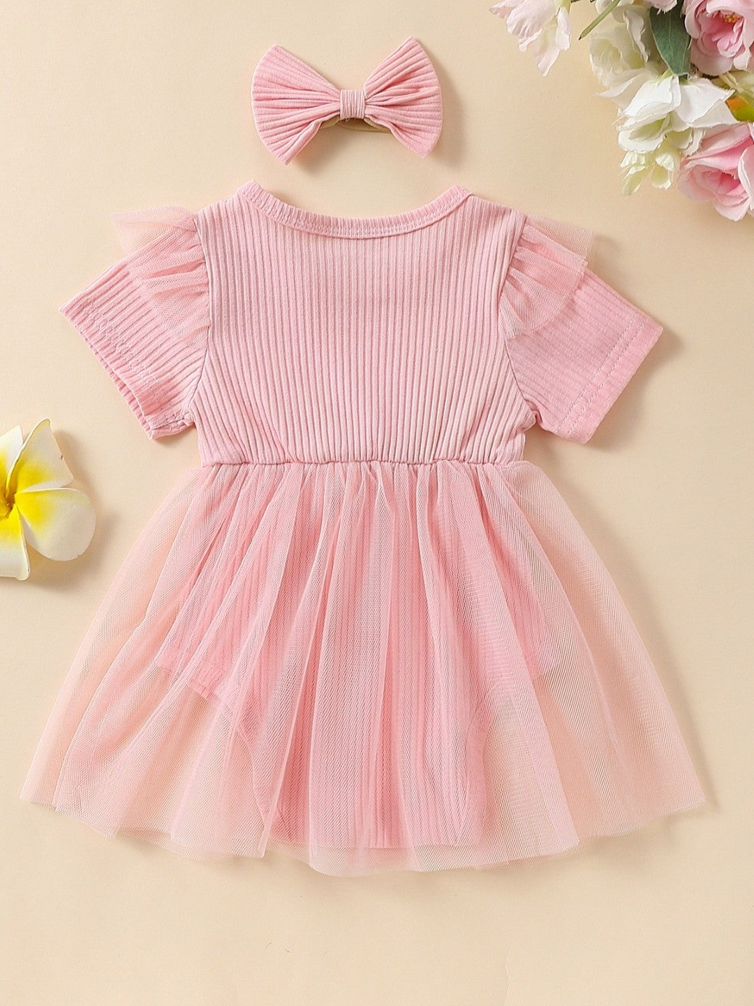 Pink A-Line Round Neck Solid Short Sleeves Cotton Dress