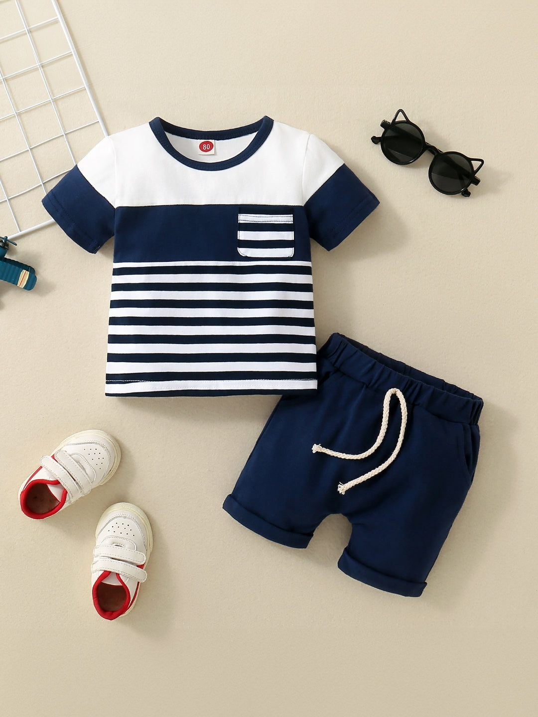 Blue Round Neck Short Sleeves Striped Top & Shorts Cotton Blend Set