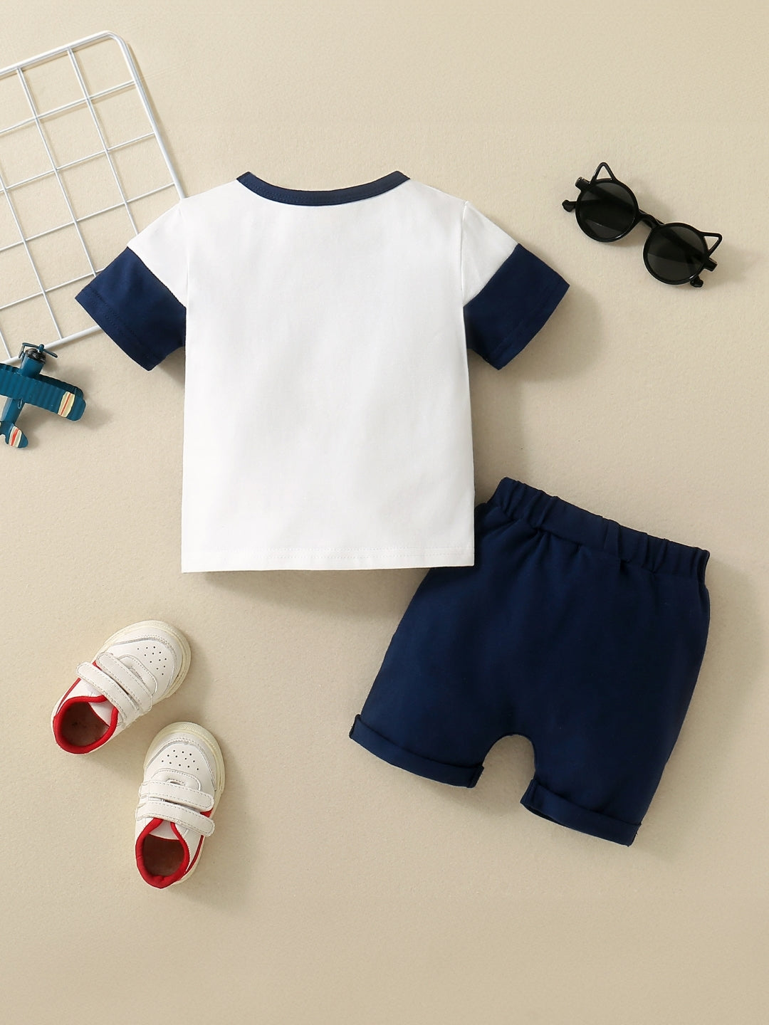 Blue Round Neck Short Sleeves Striped Top & Shorts Cotton Blend Set