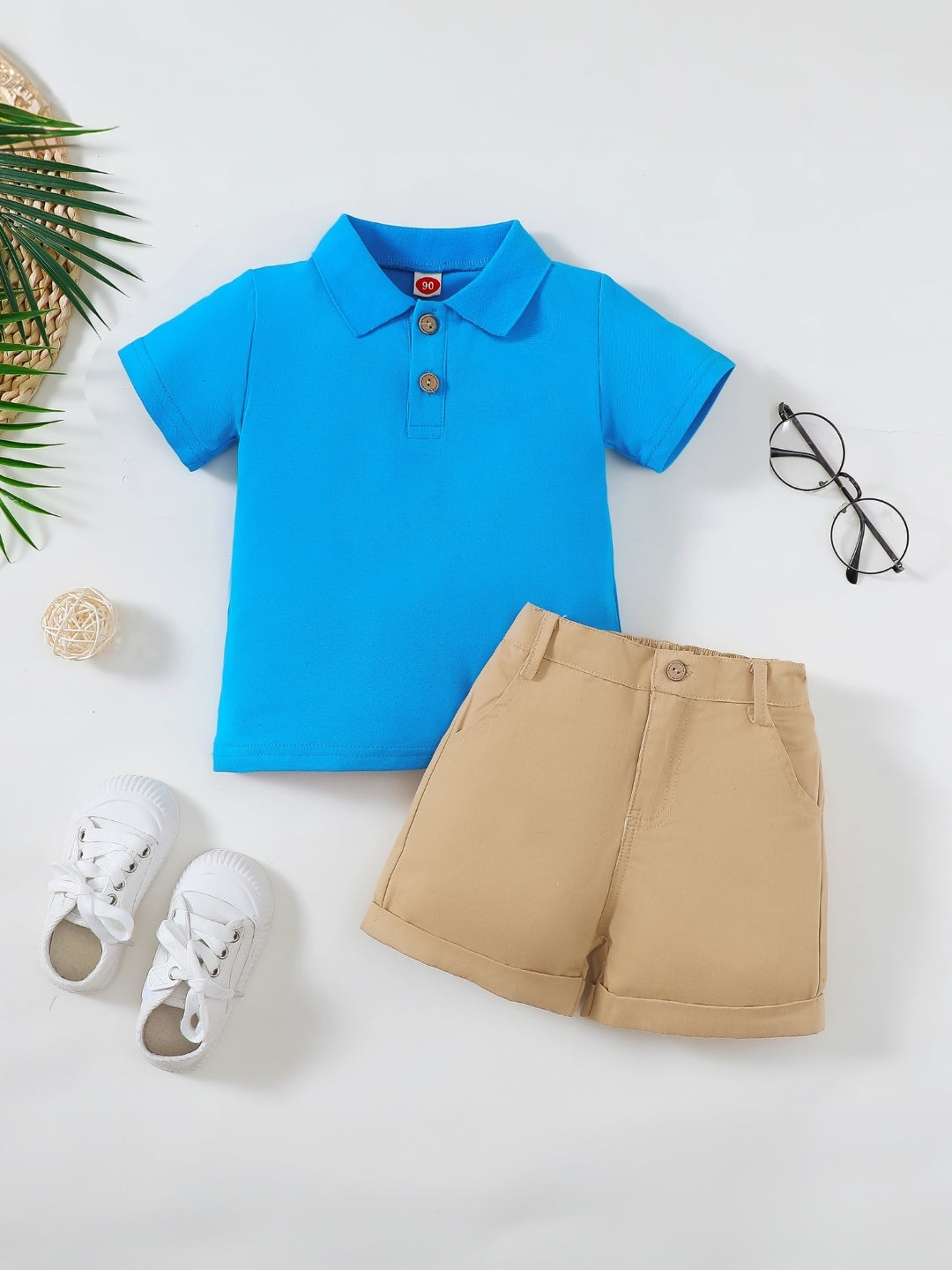 Blue Shirt Collar Short Sleeves Solid Top & Shorts Cotton Blend Set