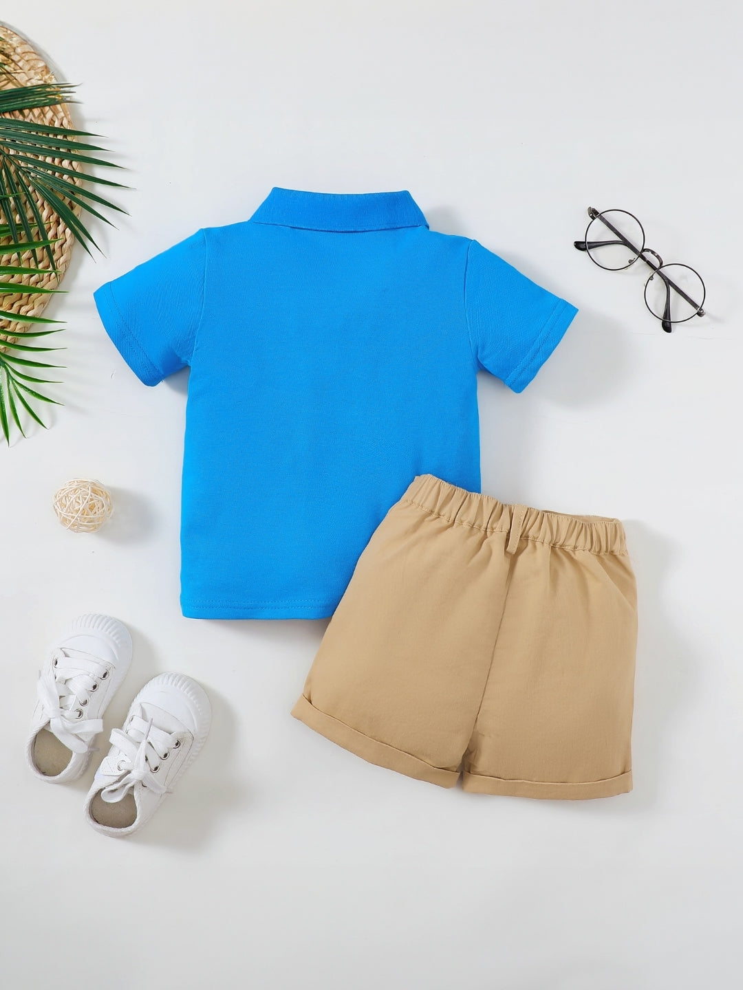 Blue Shirt Collar Short Sleeves Solid Top & Shorts Cotton Blend Set