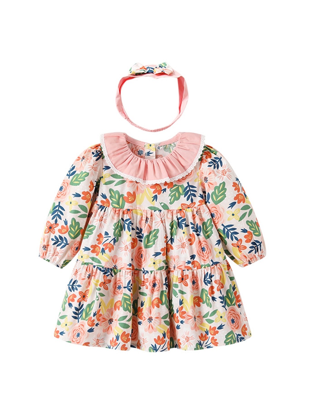 Pink A-Line Round Neck Floral Long Sleeves Cotton Dress