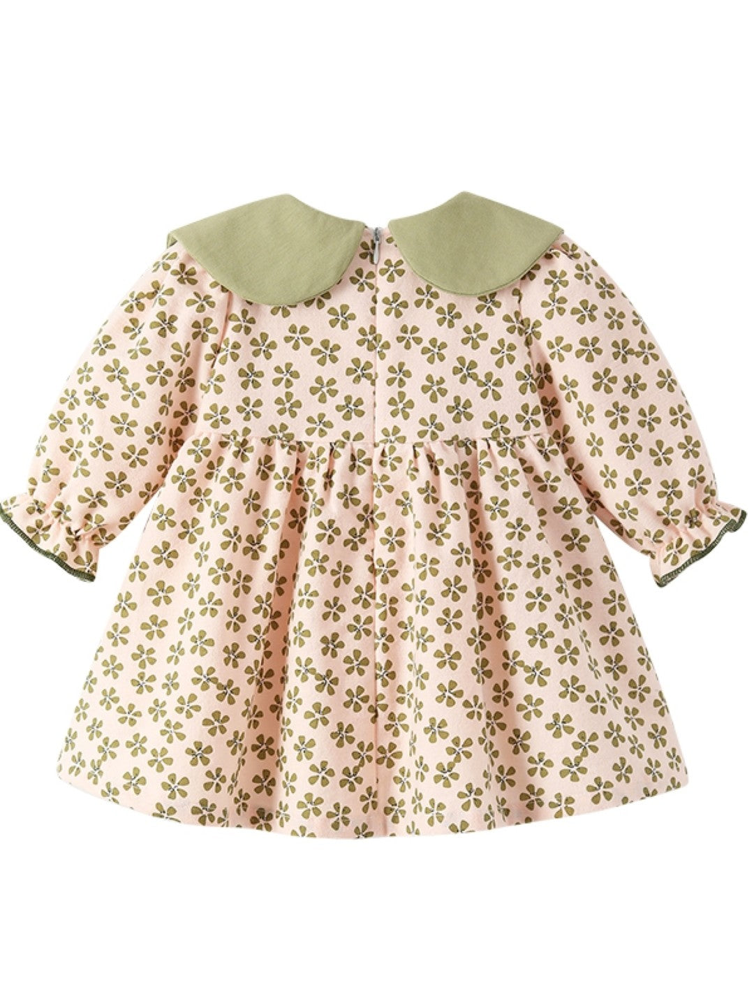 Green A-Line Round Neck Floral Long Sleeves Cotton Dress