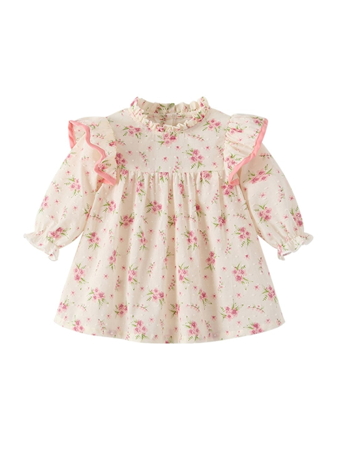 Pink A-Line Round Neck Floral Long Sleeves Cotton Dress