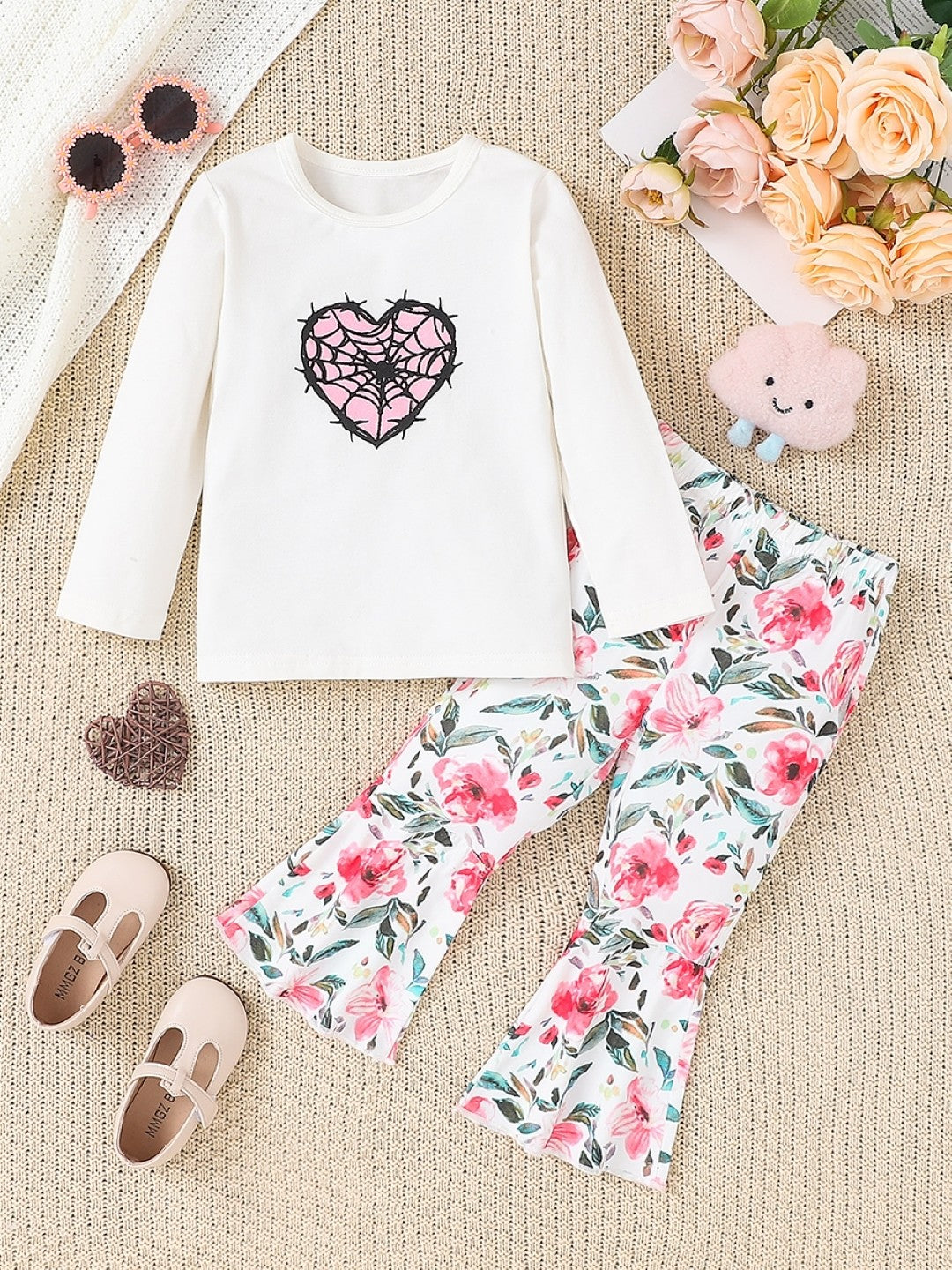 White Round Neck Long Sleeves Printed Top & Trousers Pure Cotton Set