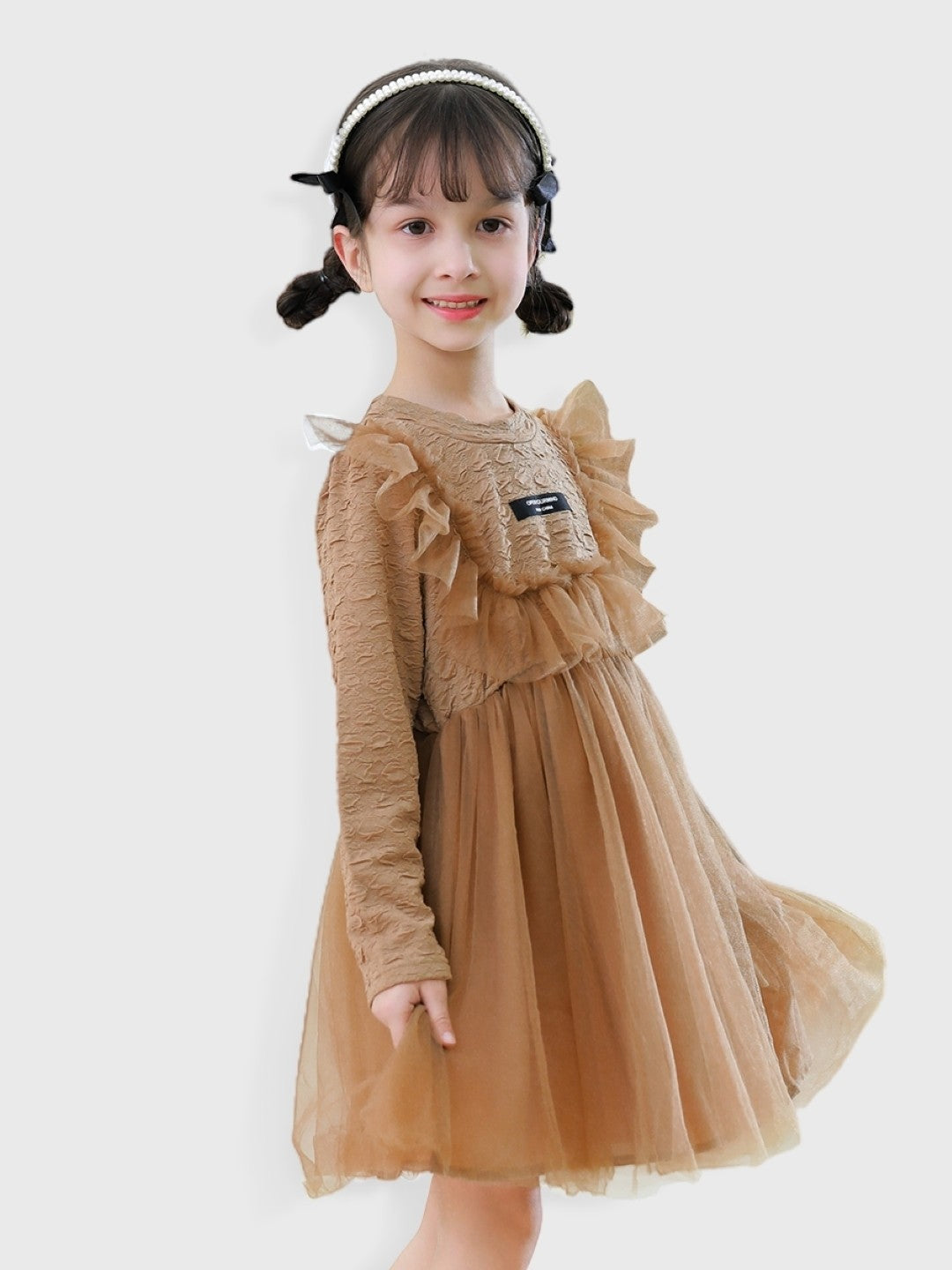 Brown A-Line Round Neck Solid Long Sleeves Polyester Dress