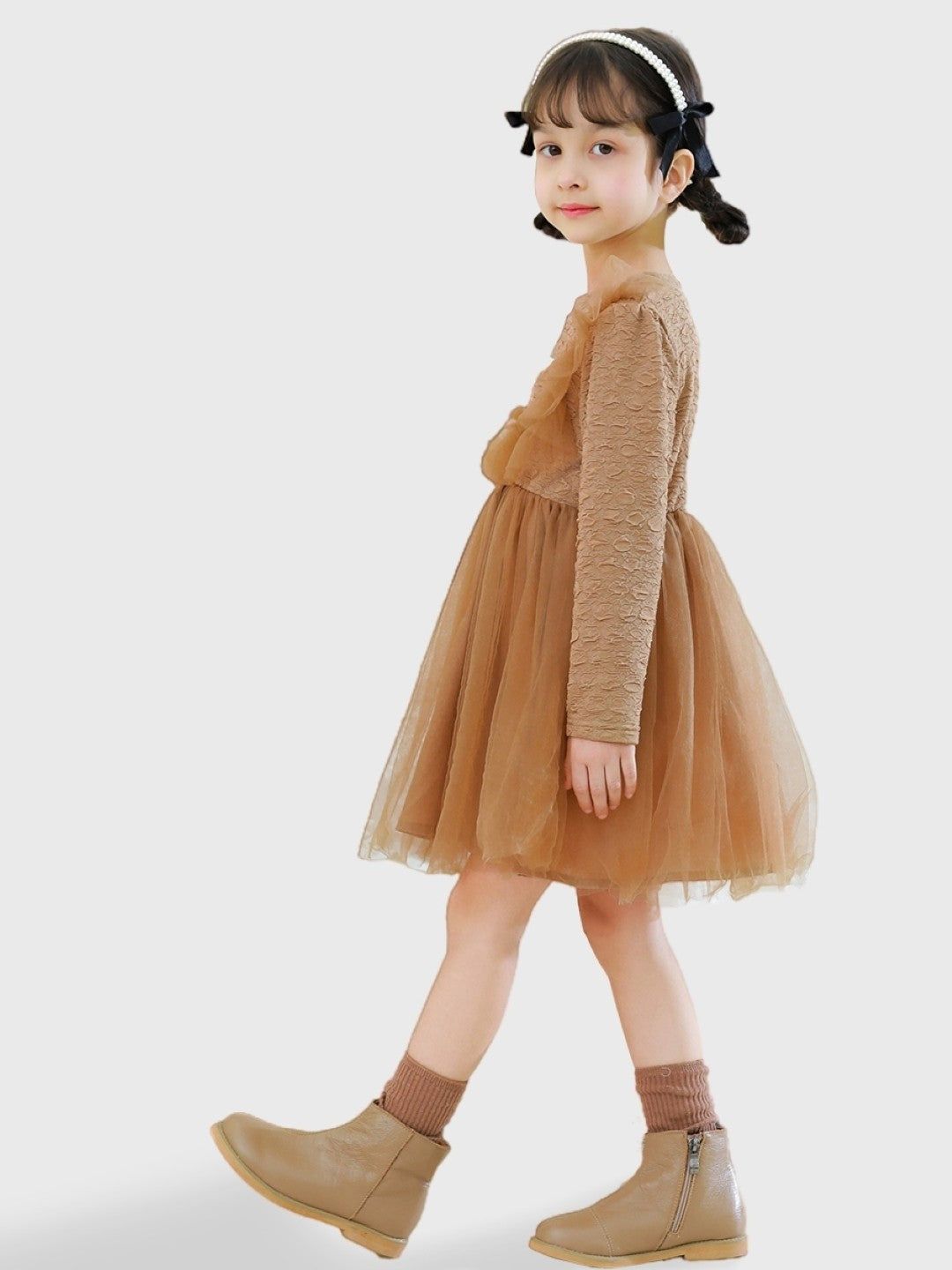 Brown A-Line Round Neck Solid Long Sleeves Polyester Dress