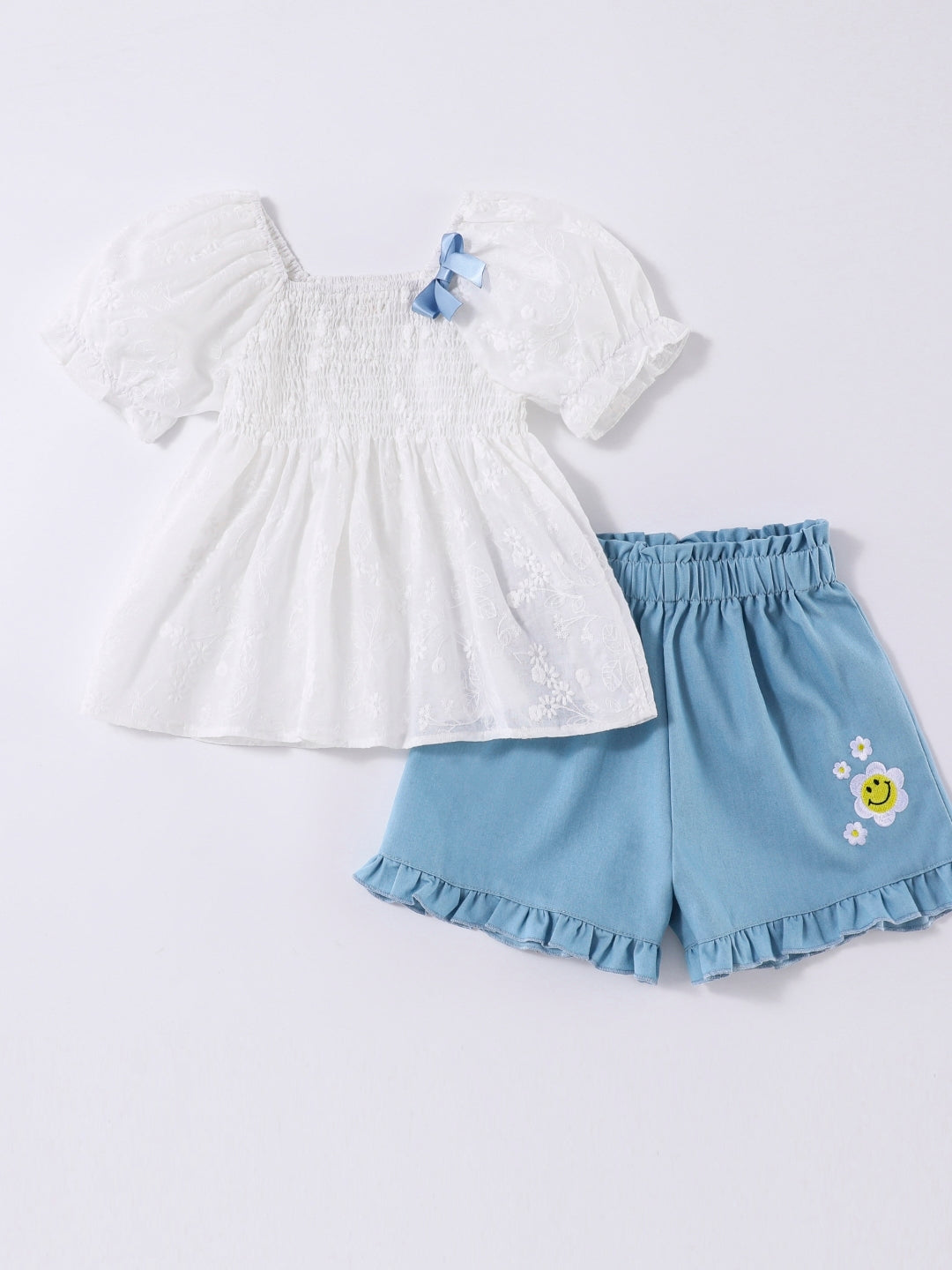 Blue Round Neck Short Sleeves Solid Top & Shorts Pure Cotton Set