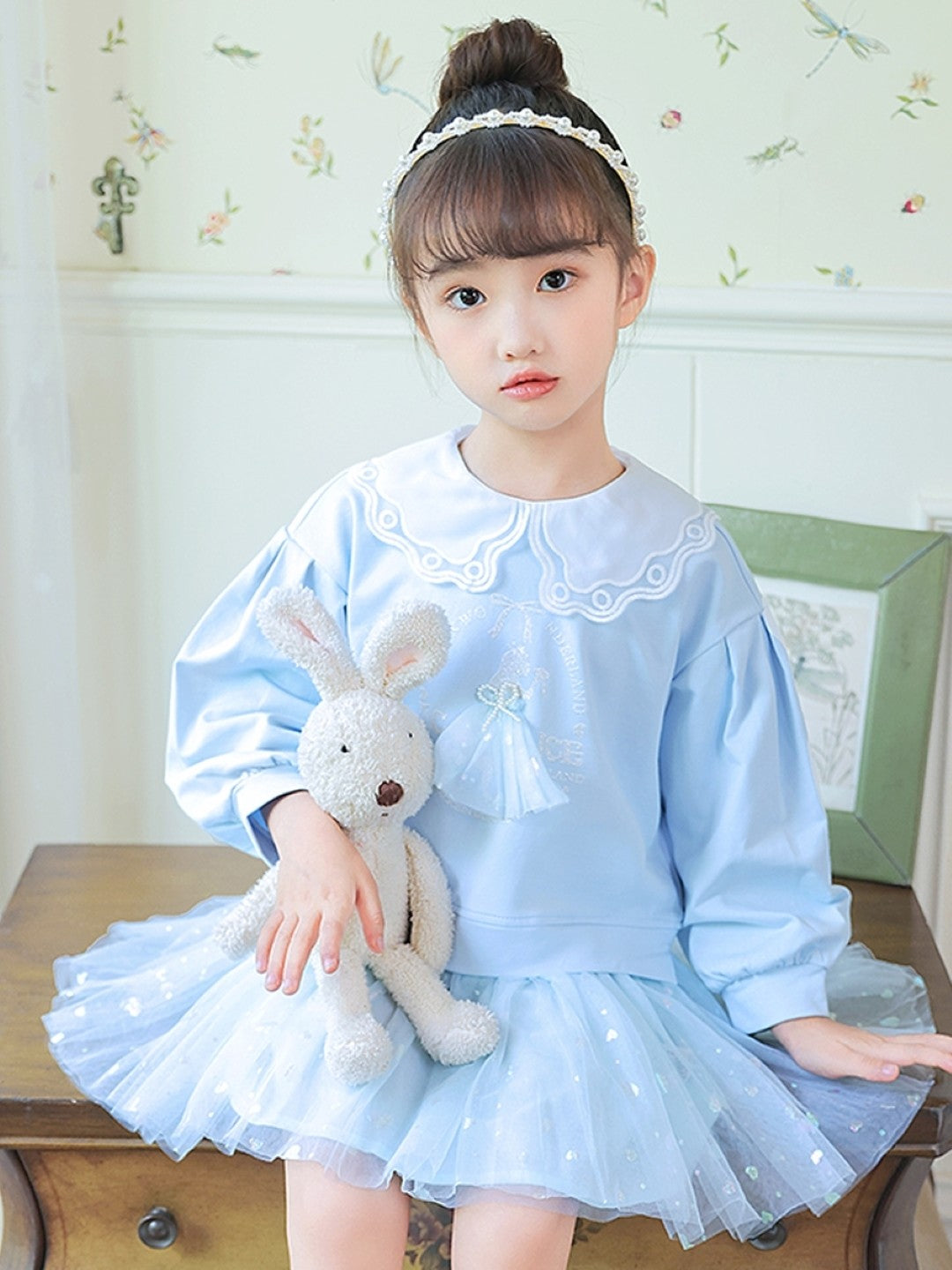 Blue A-Line Round Neck Solid Long Sleeves Cotton Dress