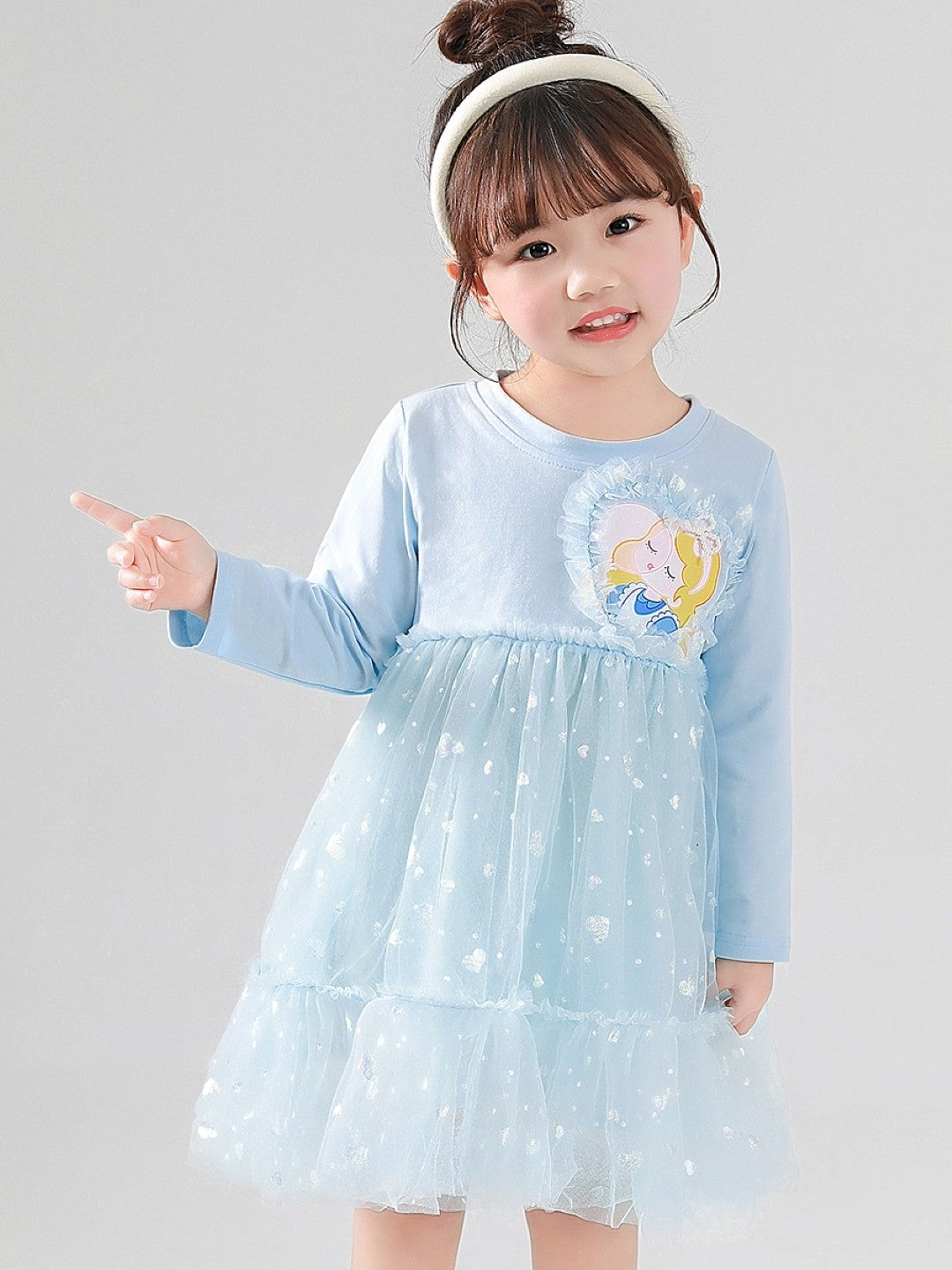 Blue A-Line Round Neck Solid Long Sleeves Cotton Dress