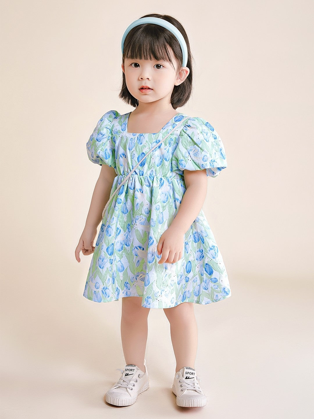 Blue A-Line Square Neck Floral Short Sleeves Polyester Dress