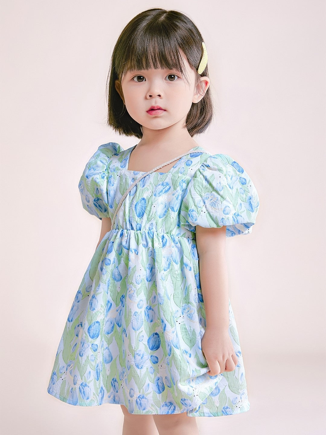 Blue A-Line Square Neck Floral Short Sleeves Polyester Dress