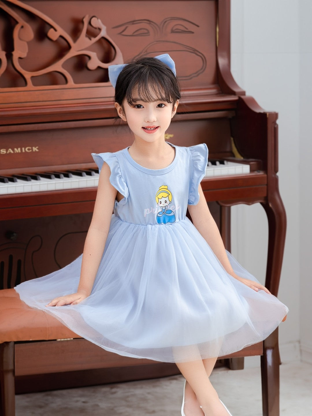 Blue A-Line Round Neck Cartoon Characters Sleeveless Cotton Dress