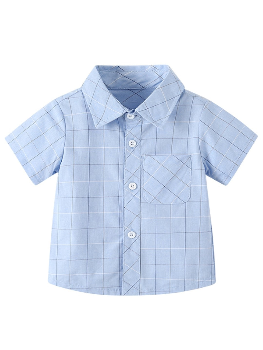 Blue Shirt Collar Short Sleeves Checked Cotton Top