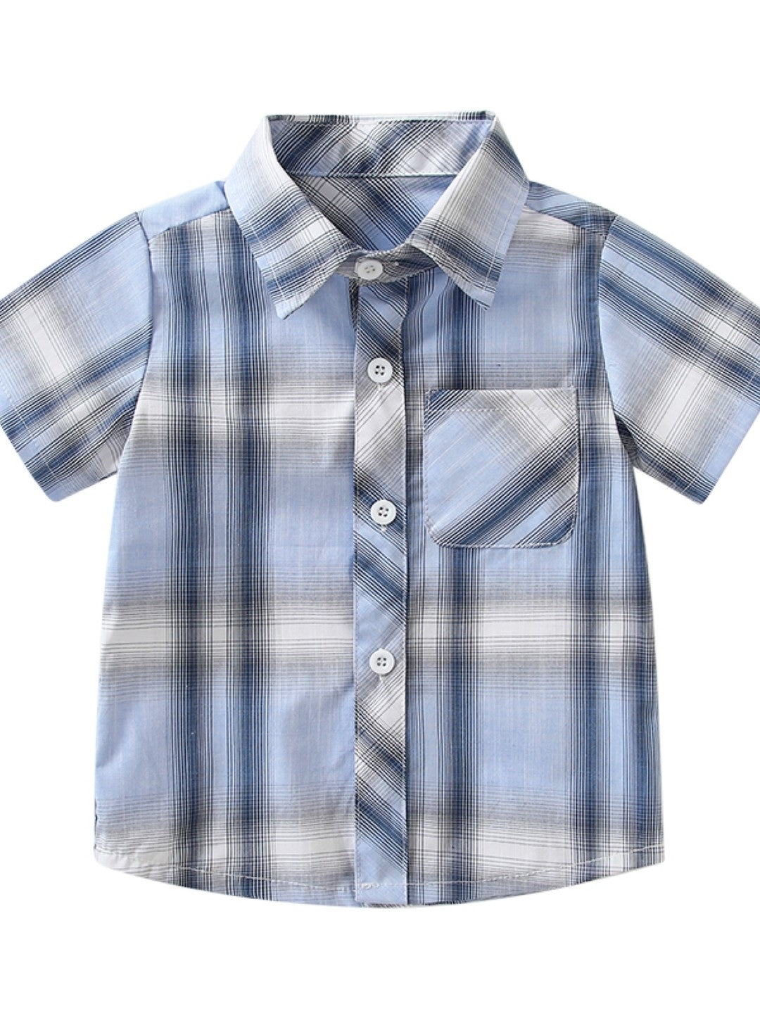 Blue Shirt Collar Short Sleeves Checked Cotton Top