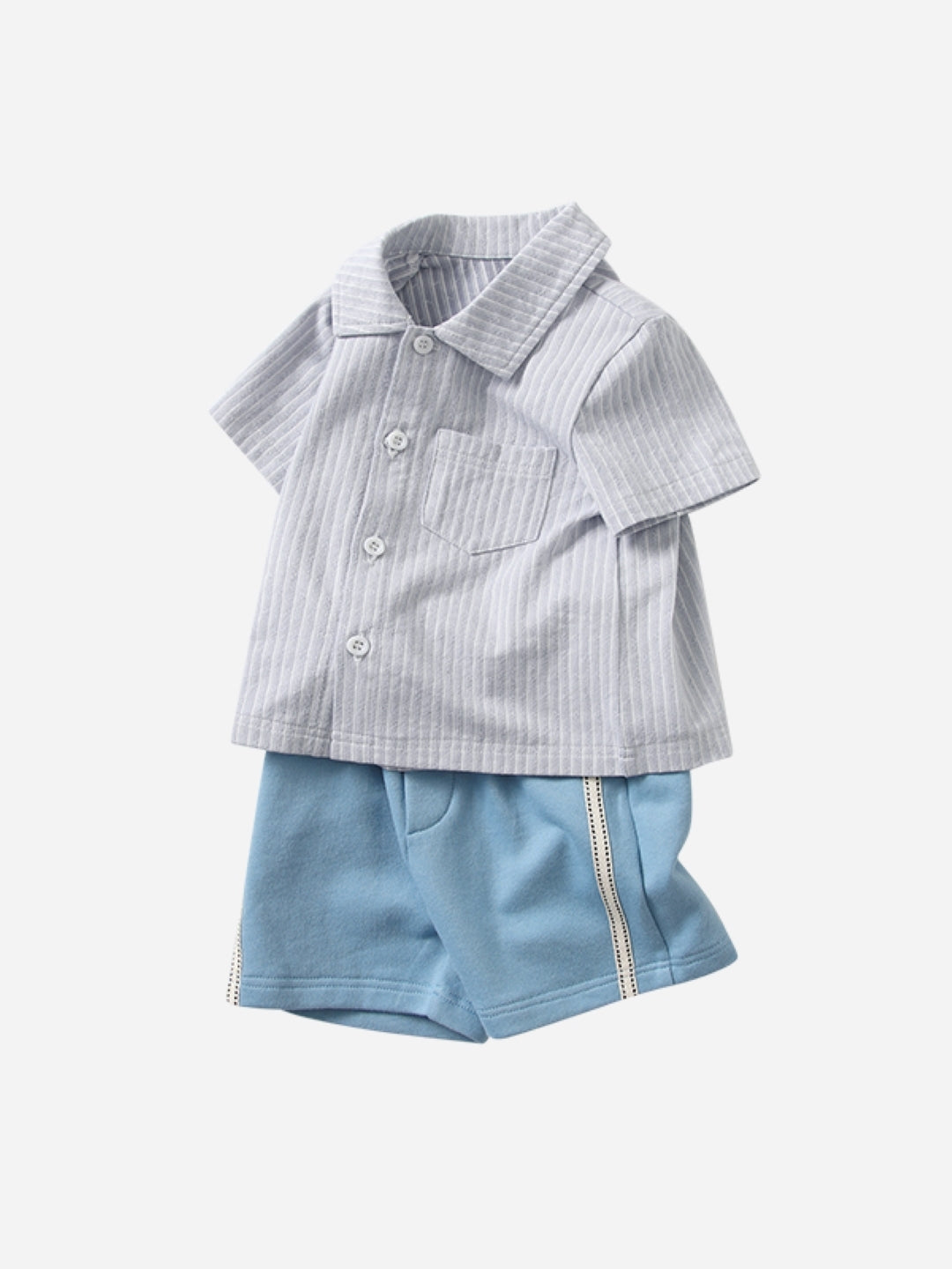 Grey Shirt Collar Short Sleeves Solid Shirt & Shorts Pure Cotton Set