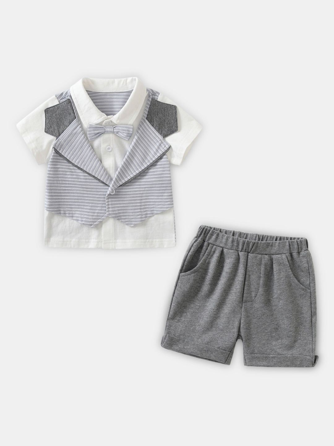 Grey Shirt Collar Short Sleeves Solid Shirt & Shorts Pure Cotton Set