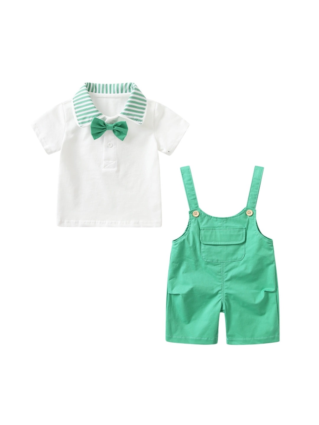 Green Shirt Collar Short Sleeves Solid Shirt & Shorts Pure Cotton Set