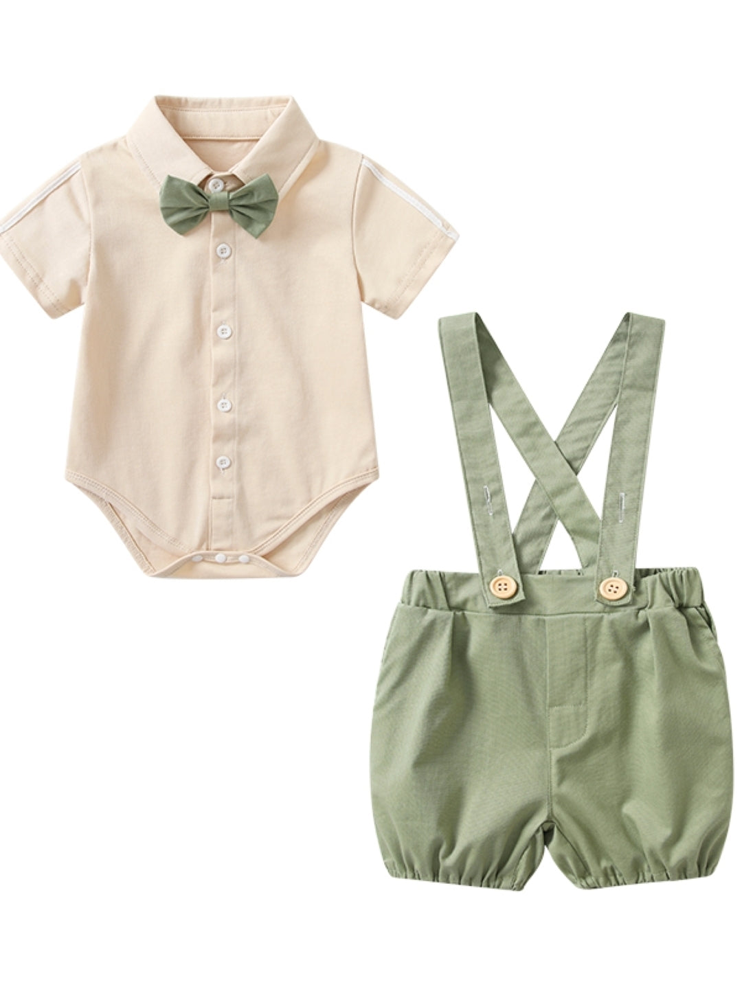 Green Shirt Collar Short Sleeves Solid Top & Shorts Pure Cotton Set