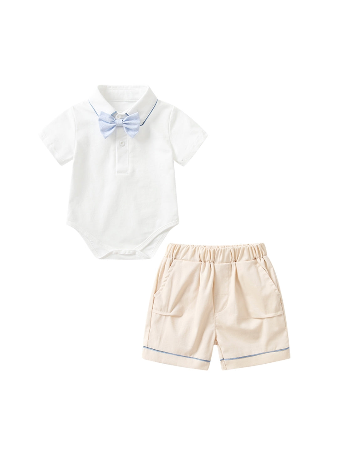 White Shirt Collar Short Sleeves Solid Top & Shorts Pure Cotton Set