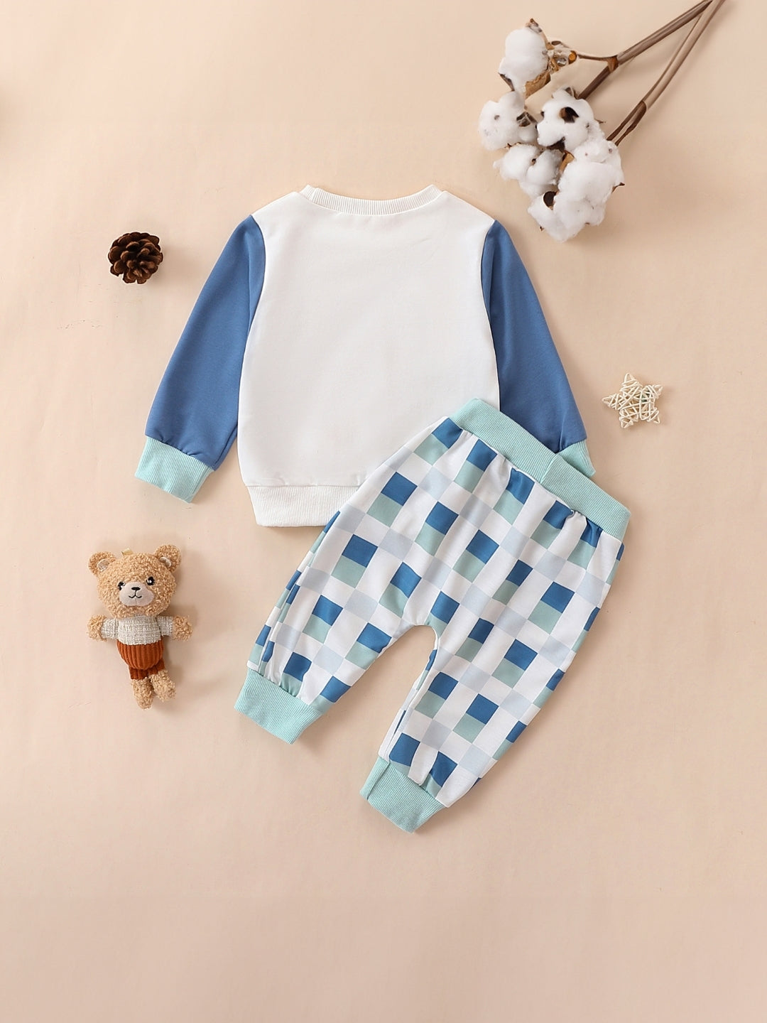 Blue Round Neck Long Sleeves Printed Top & Trousers Cotton Blend Set