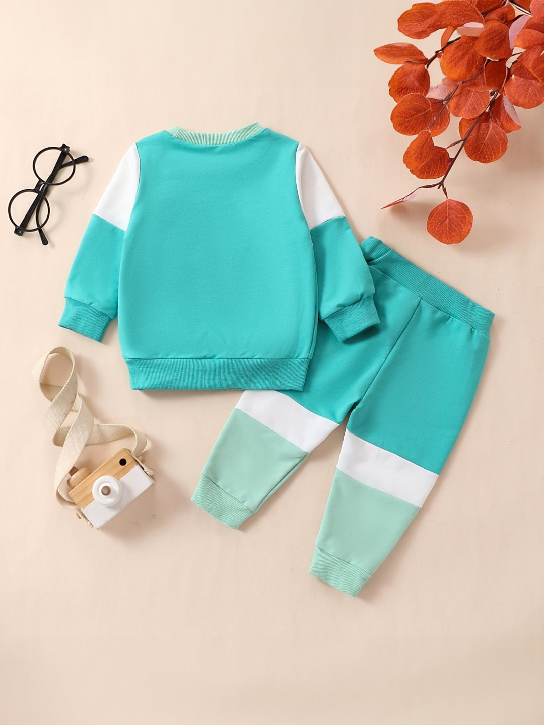 Blue Round Neck Long Sleeves Colourblocked Top & Trousers Cotton Blend Set