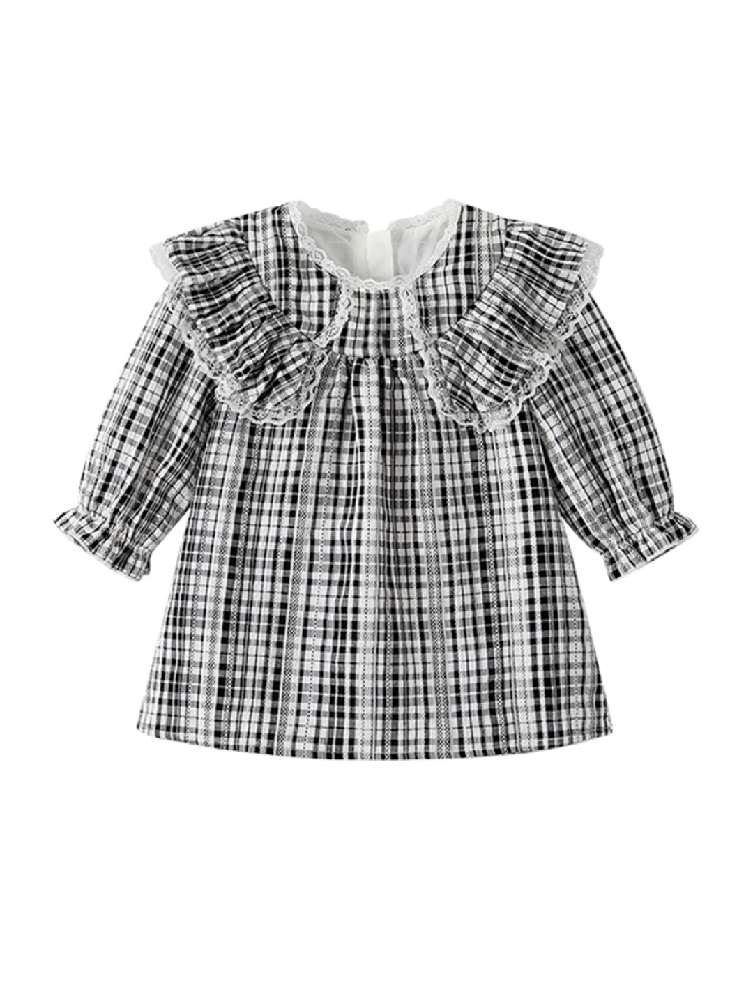 Black A-Line Round Neck Checked Long Sleeves Polyester Dress