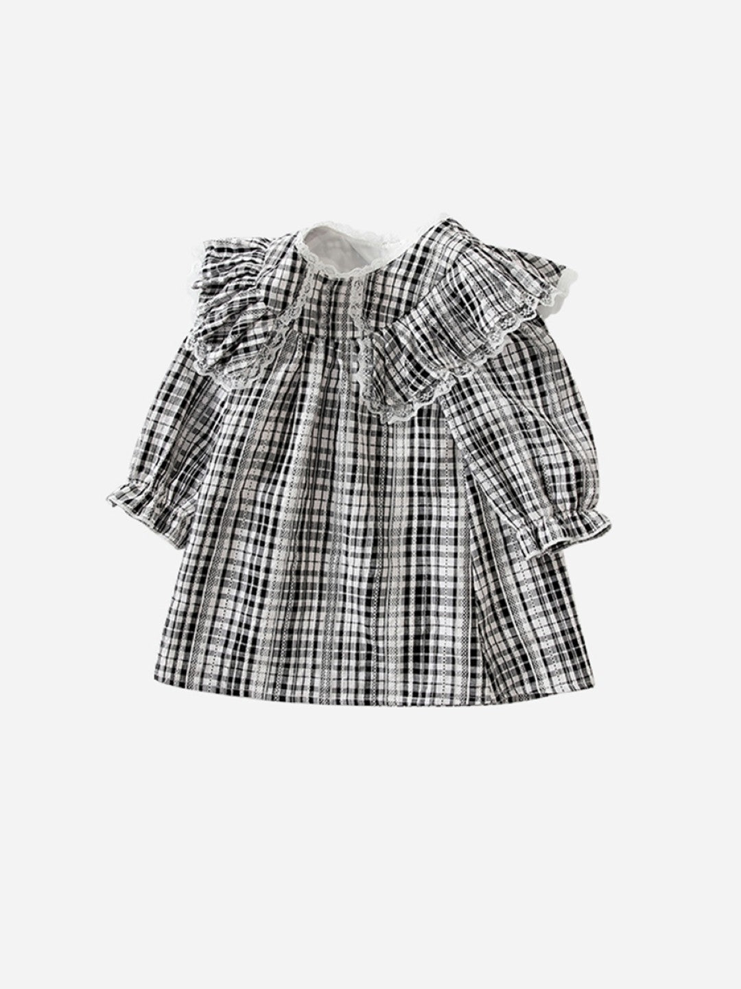 Black A-Line Round Neck Checked Long Sleeves Polyester Dress