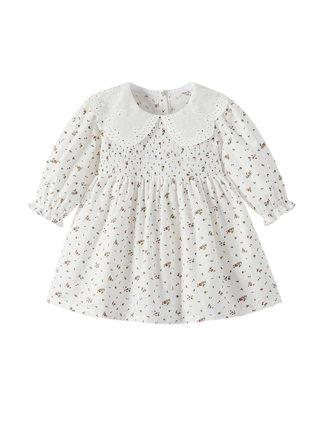 White A-Line Round Neck Floral Long Sleeves Cotton Dress