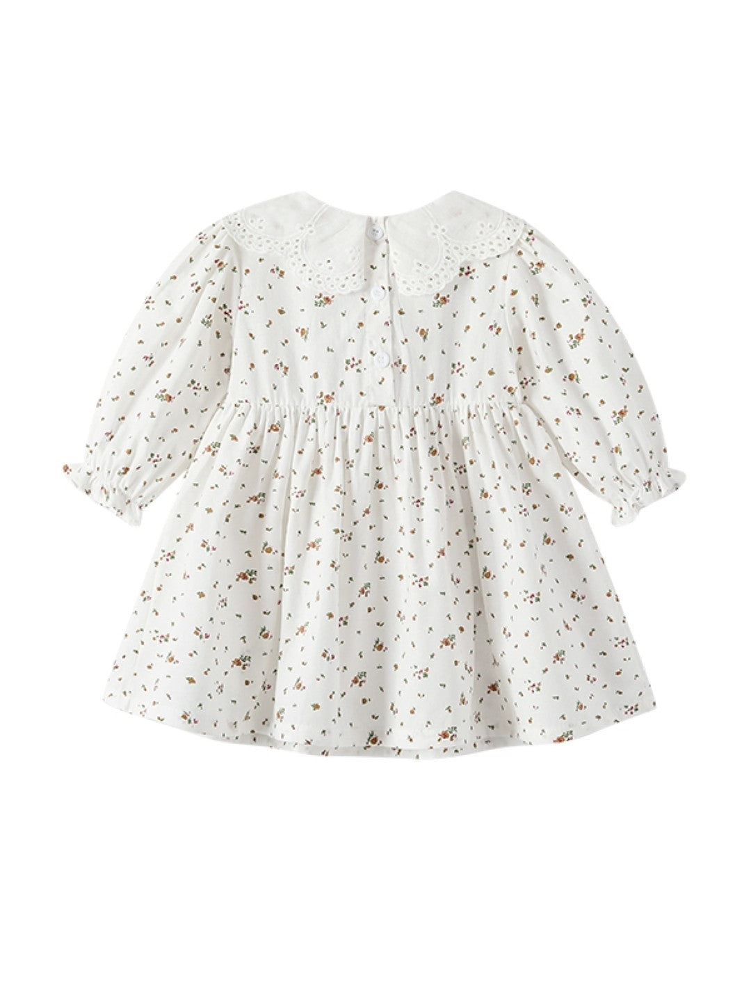 White A-Line Round Neck Floral Long Sleeves Cotton Dress