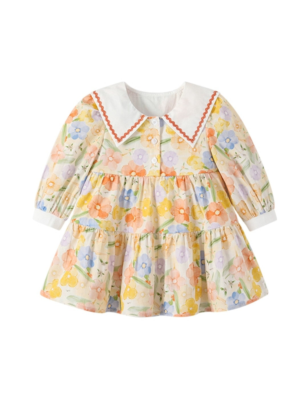 Yellow A-Line Round Neck Floral Long Sleeves Cotton Dress