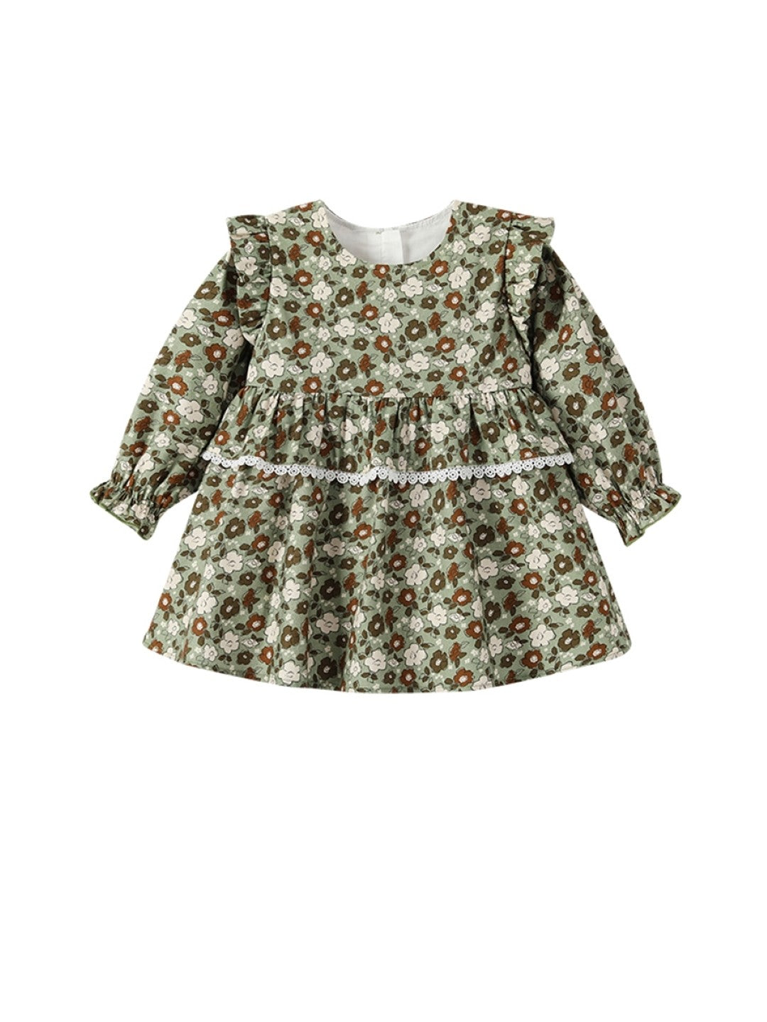 Green A-Line Round Neck Floral Long Sleeves Cotton Dress