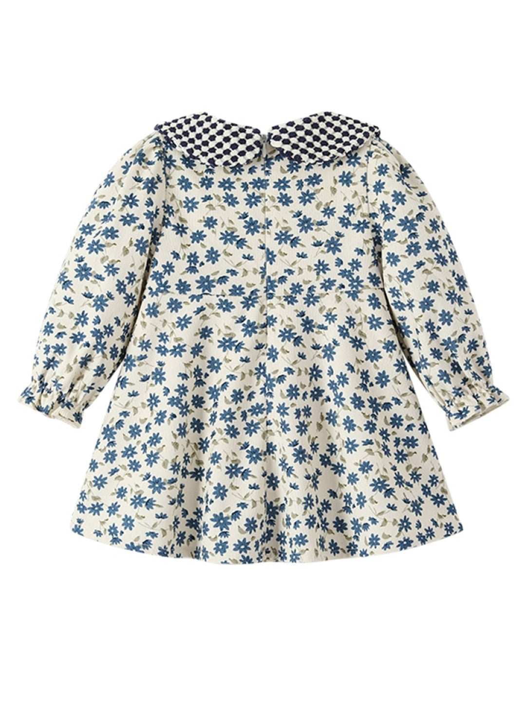 Blue A-Line Round Neck Floral Long Sleeves Polyester Dress