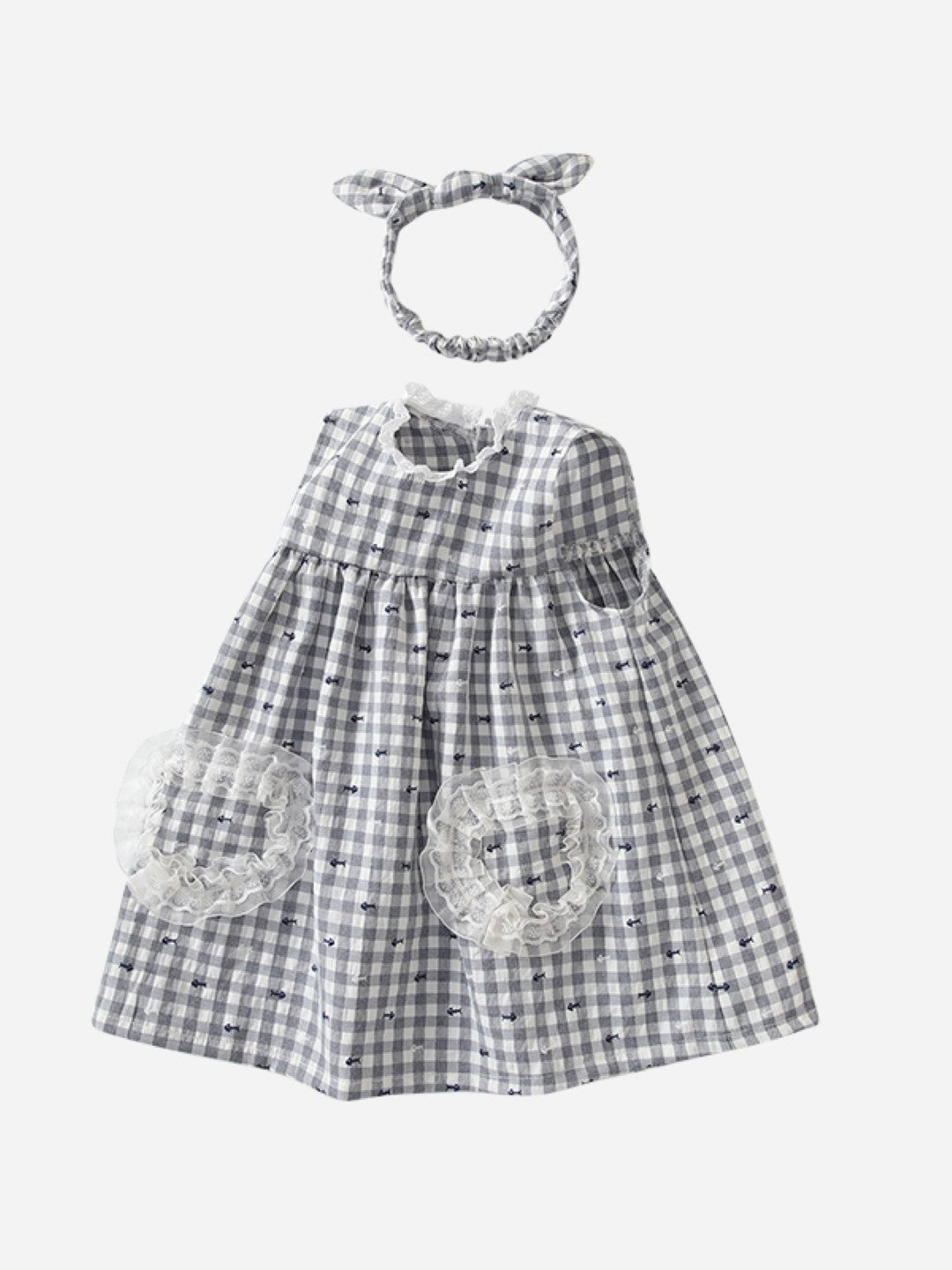 Grey A-Line Round Neck Checked Sleeveless Cotton Dress