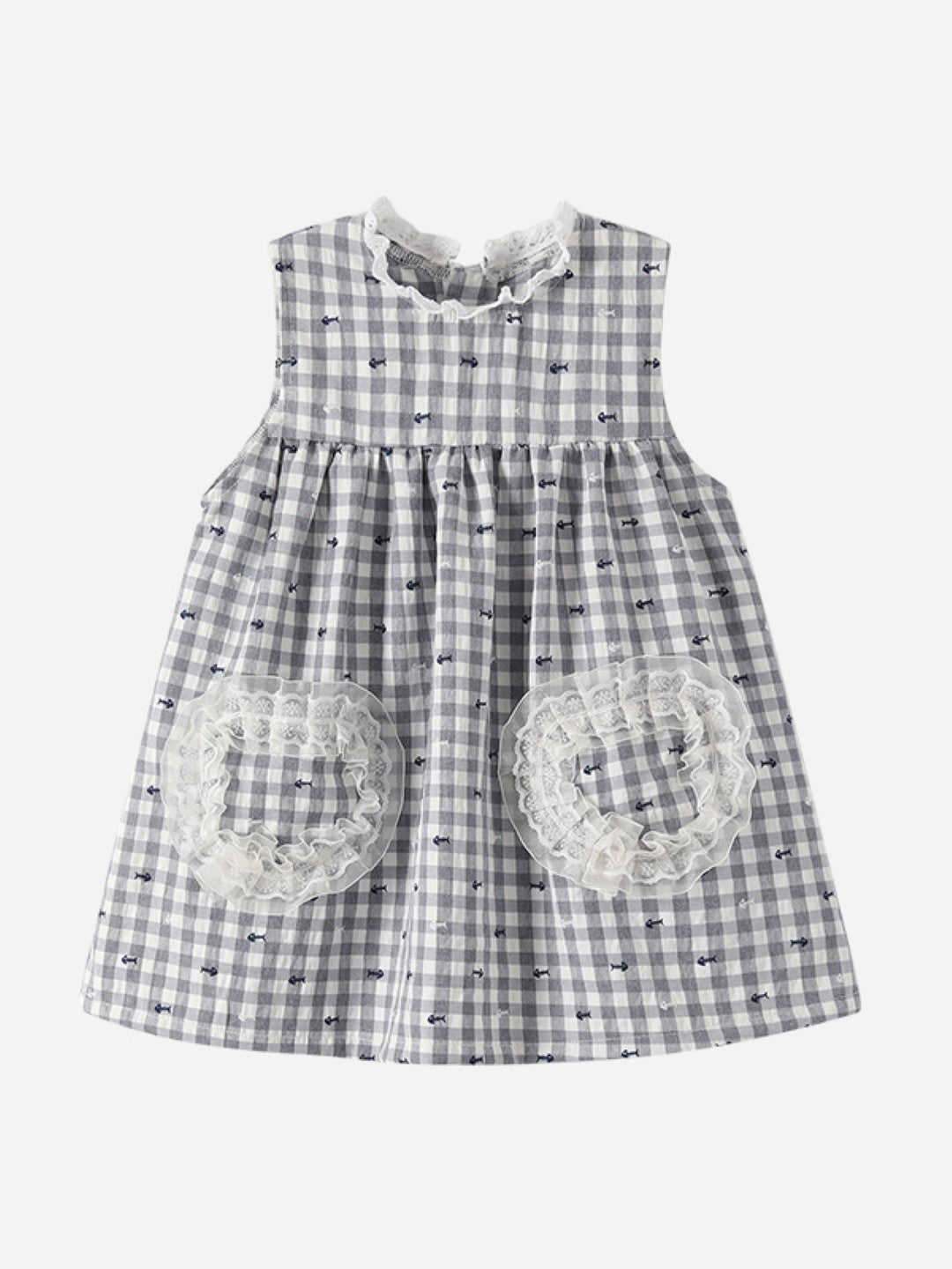 Grey A-Line Round Neck Checked Sleeveless Cotton Dress