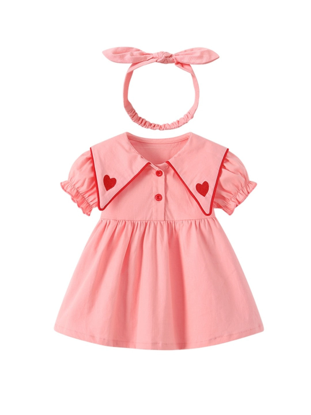 Pink A-Line Round Neck Solid Short Sleeves Cotton Dress